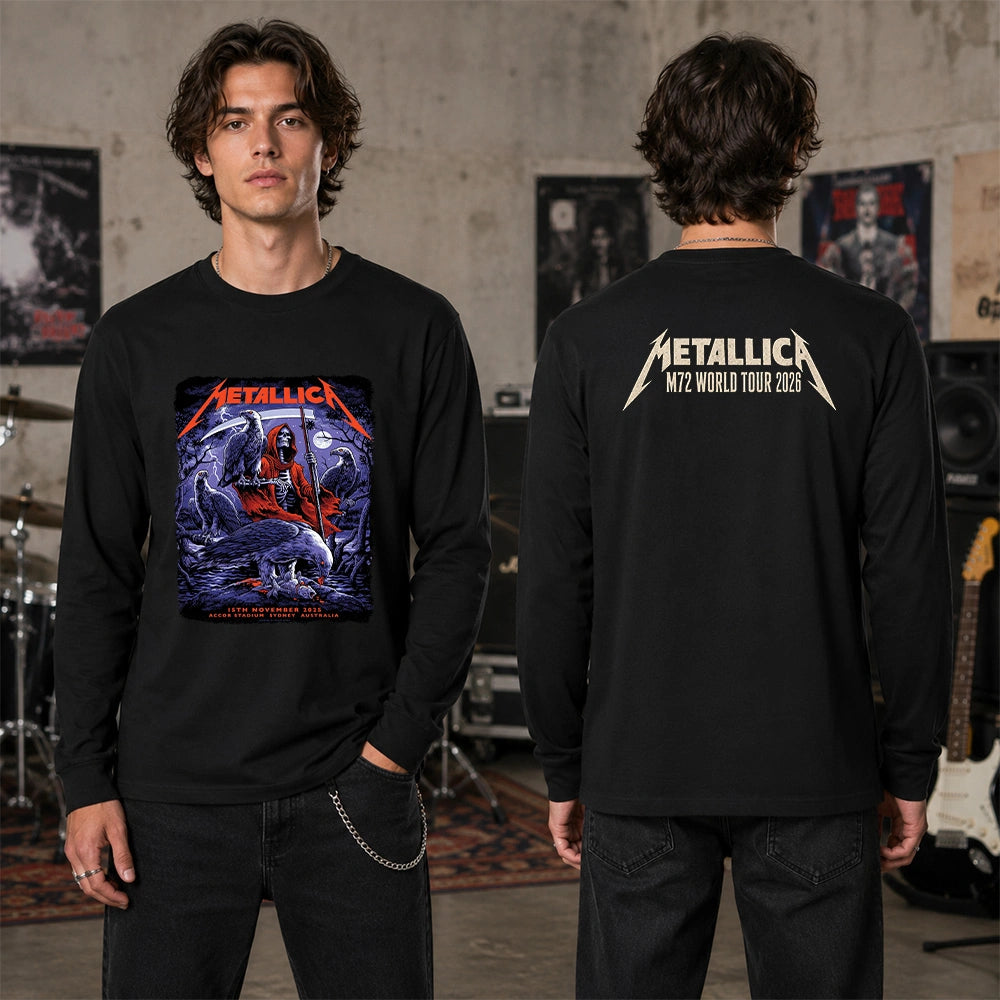 Metallica M72 World Tour November 15 2025 Accor Stadium Sydney Australia 2 side T-shirt by Blair Sayer featuring a hooded skeletal reaper, birds of prey, full moon, lightning, twisted trees and Sydney event text.